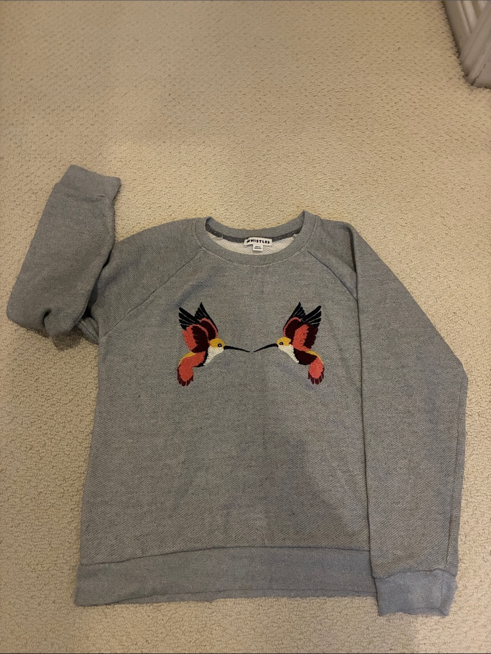 Whistles Gray Sweatshirt with Embroidered Red and Orange Hummingbirds